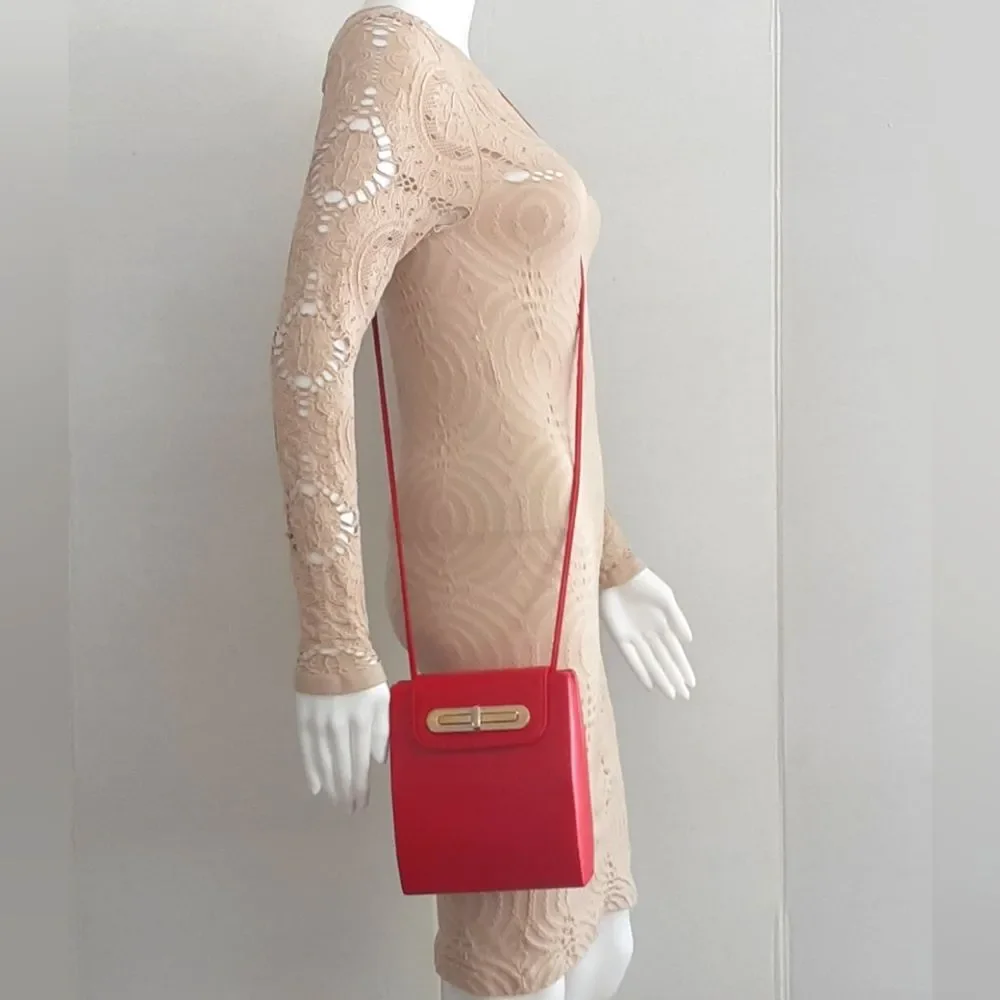 ANDE' Minimalist Red Box Vegan Leather Gold Tone Hardware Crossbody Bag - Vtg